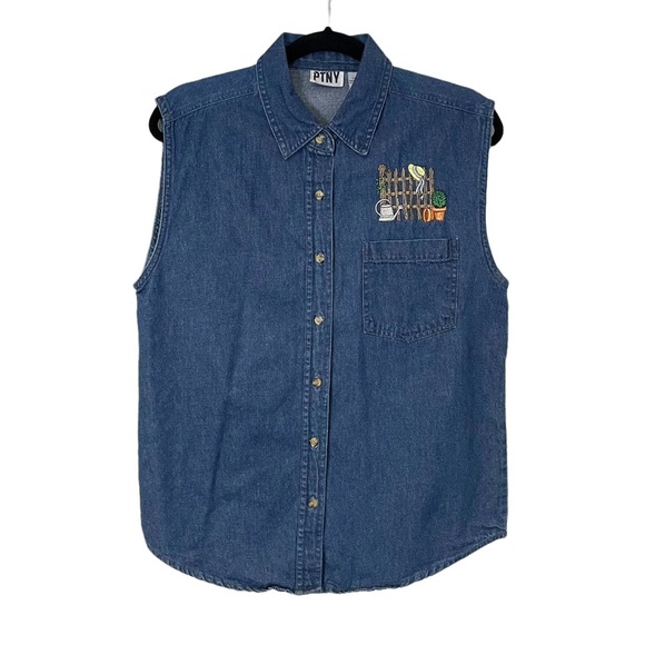 Vintage PTNY Denim Garden Sleeveless Button Up Blouse Large - Picture 1 of 4